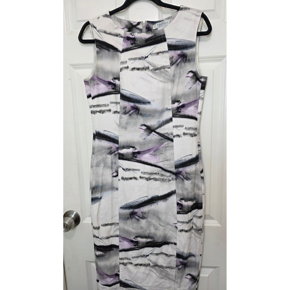 Max‎ Mara Dress Womens 10 White Purple Grey Abstract Print Formal Sheath Italy